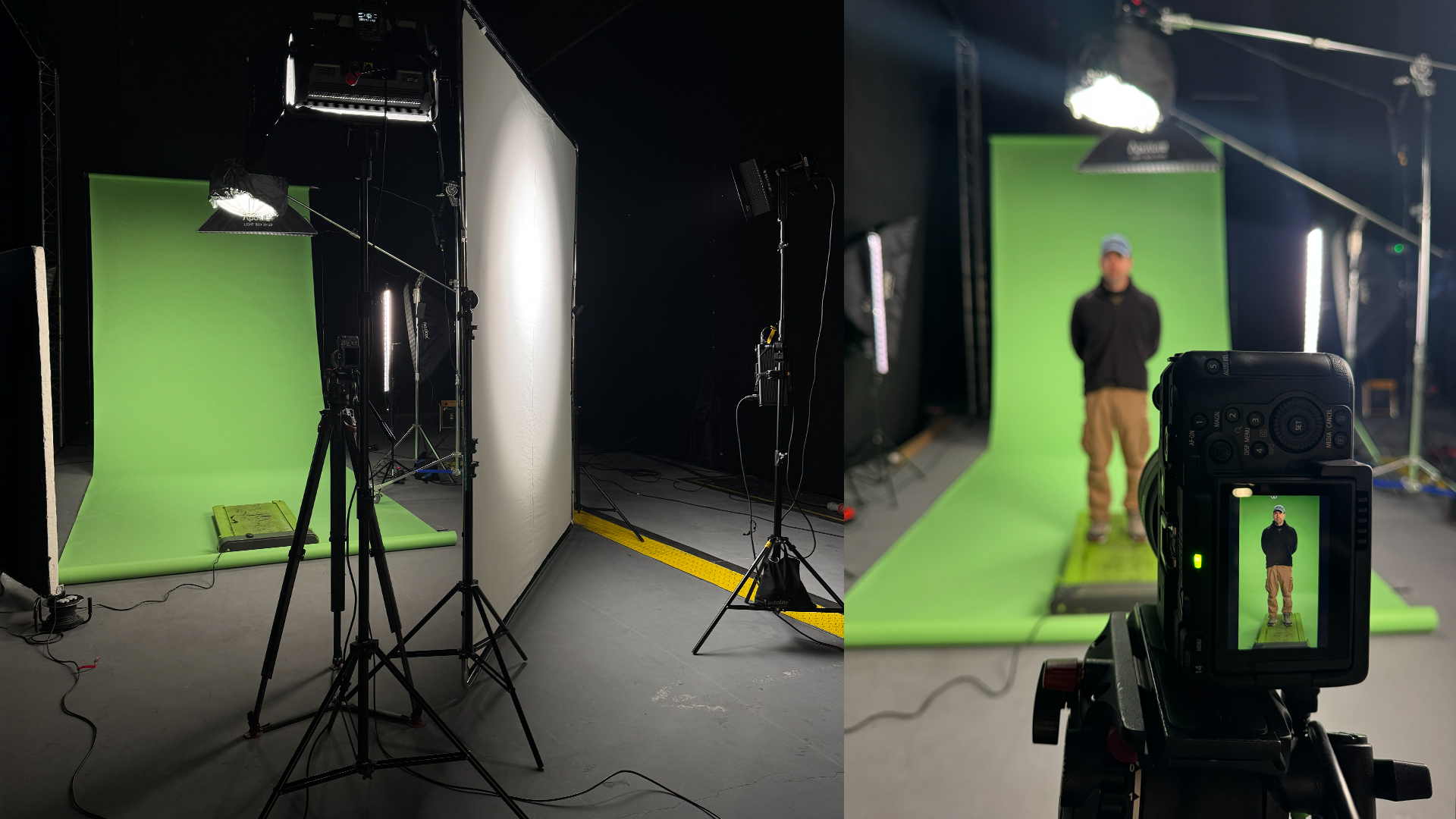 The green-screen studio set for cast-led online content, and the framing on the camera monitor.