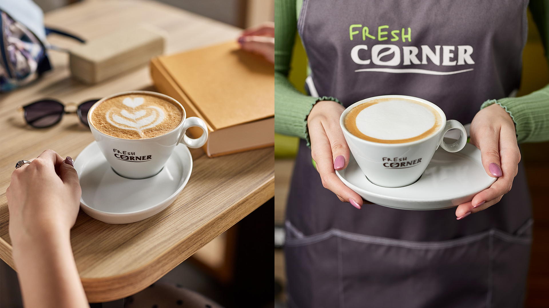 Fresh Corner cappuccinos: latte art on the café table and in the barista’s hands.